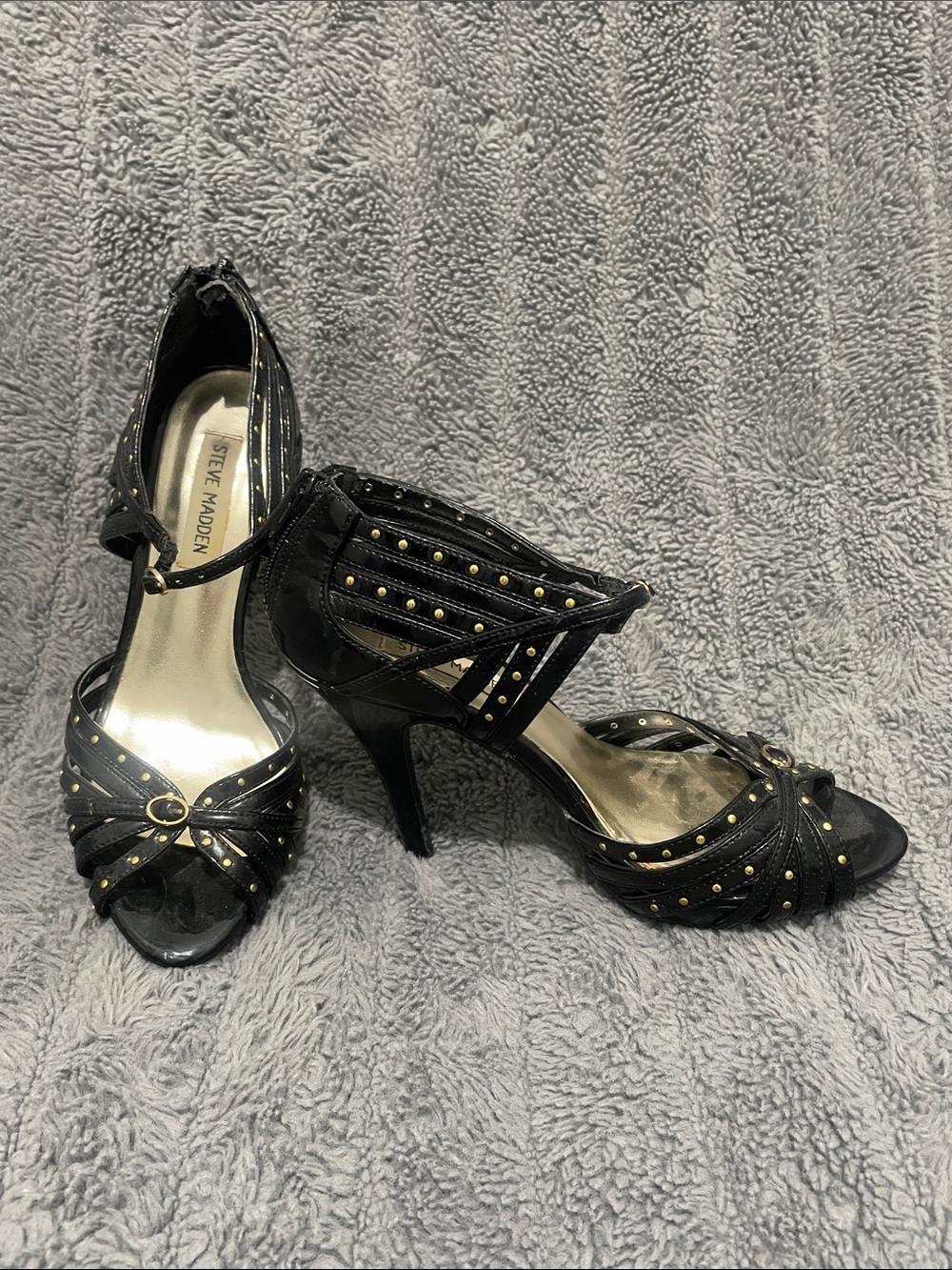Steve Madden Patent Black Studded Ankle-Strap Peep Toe Heels